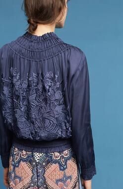Love Sam Blue Alexe Bomber Jacket Floral Embroidered V-Neck Zip Size Medium M